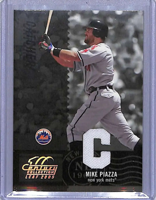 Baseball card of Mike Piazza in gray uniform swinging bat from 2005 Leaf Century