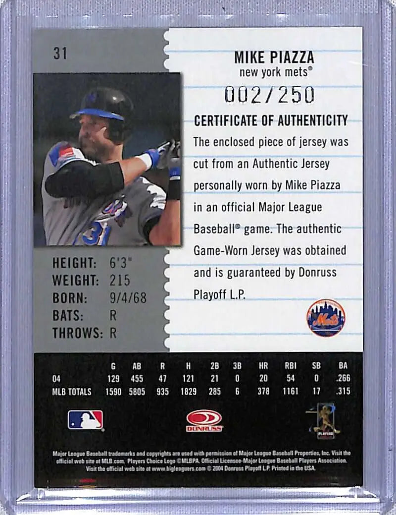 Baseball card featuring Mike Piazza Material with jersey piece certificate of authenticity