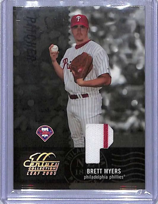 Baseball card of Brett Myers in pinstriped uniform with material fabric position details