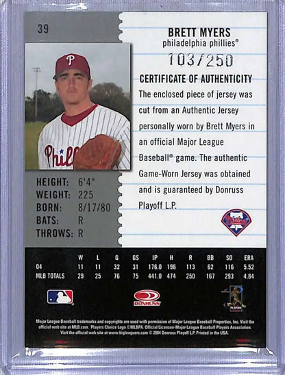 Baseball card of Brett Myers in red uniform with 103/250 material fabric position certificate