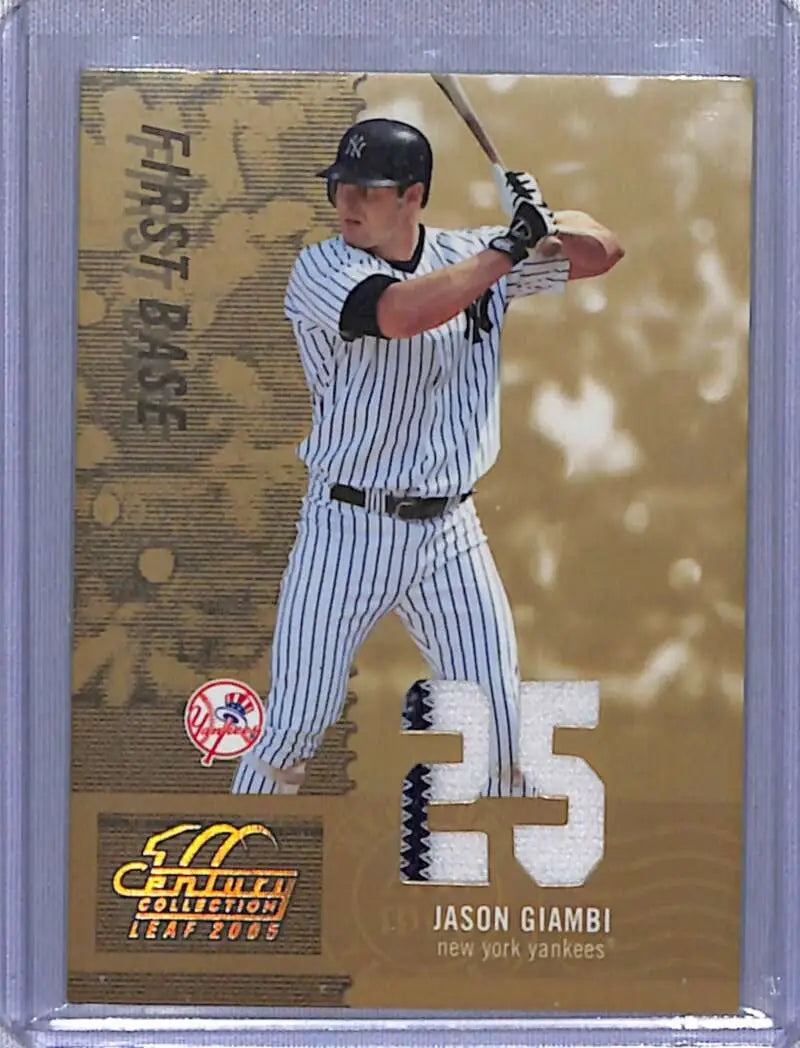 Baseball card of Jason Giambi in New York Yankees pinstripe uniform at bat