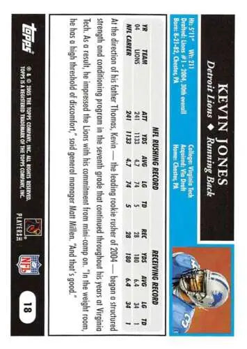 2005 Topps #18 Kevin Jones NM-MT Lions card with original gloss by Simply Sandoval