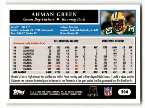 Ahman Green 2005 Topps #204 football card with original gloss, Packers collectible