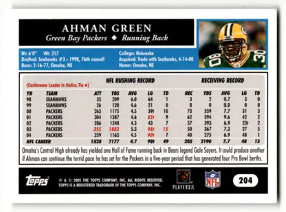 Ahman Green 2005 Topps #204 football card with original gloss, Packers collectible