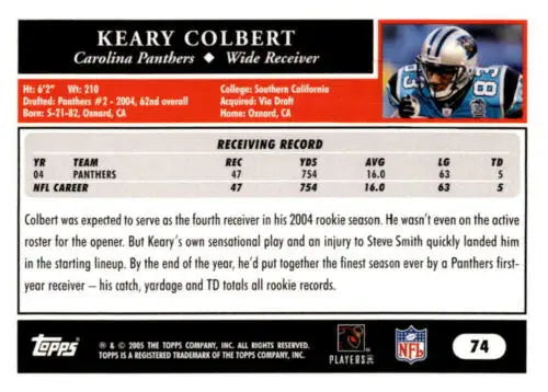 2005 Topps #74 Keary Colbert NM-MT Panthers football card with original gloss