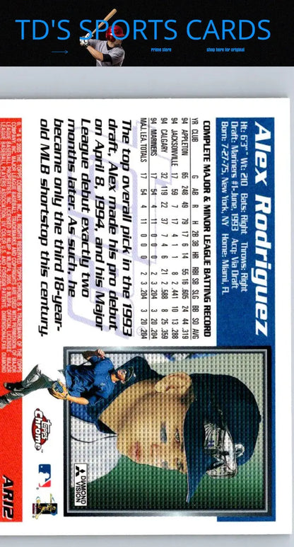 2005 Topps Chrome ARI2 Alex Rodriguez baseball card featuring Alex Rodriguez Throwbacks