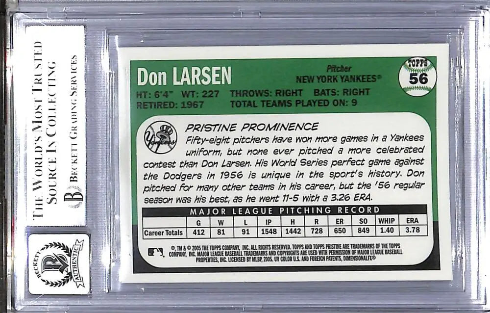 Graded Don Larsen baseball card from Topps Pristine Legends featuring New York Yankees logo