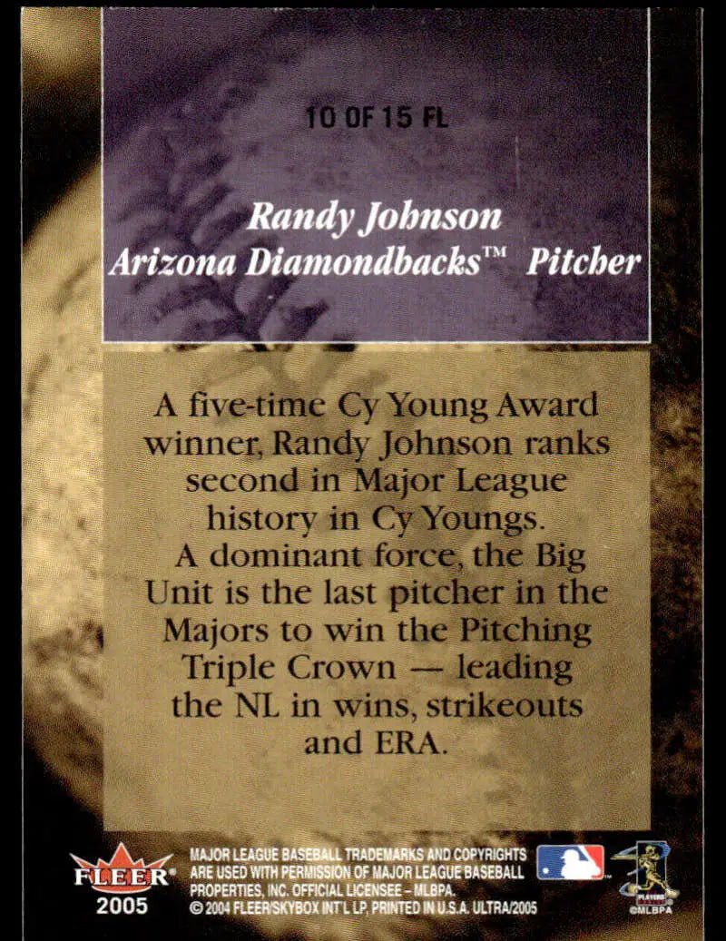2005 Ultra #10FL Randy Johnson card highlighting achievements with Arizona Diamondbacks