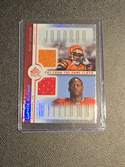 2005 Upper Deck Reflections Rudi Johnson and Carnell Williams dual relic cloth red card in protective sleeve