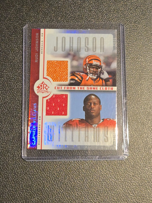 2005 Upper Deck Reflections Rudi Johnson and Carnell Williams dual relic cloth red card in protective sleeve