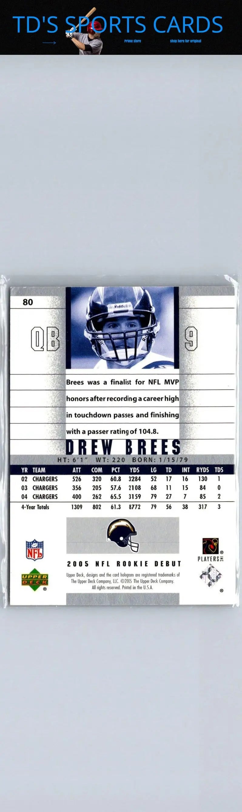 Drew Brees football card from 2005 Upper Deck Rookie Debut #80