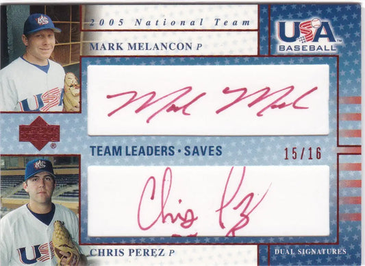 Baseball card featuring dual autographs of Mark Melancon and Chris Perez from 2005 Upper Deck USA