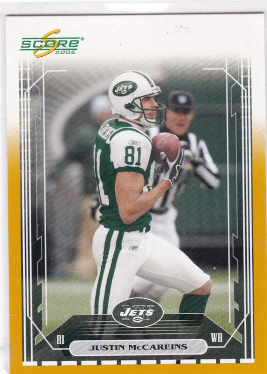 Football trading card of Justin McCareins Gold #81 catching a ball for New York Jets