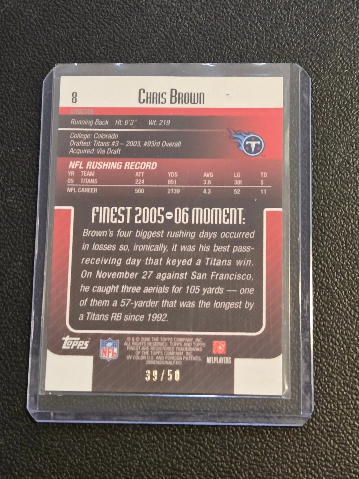 Football trading card in protective case featuring 2006 Finest Chris Brown Green Xfractors