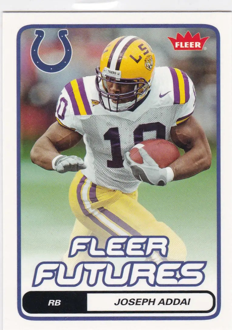 Football trading card of Joseph Addai RC LSU in white jersey carrying the ball