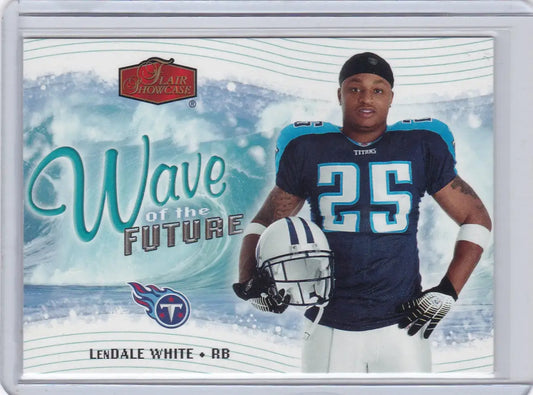 Football trading card of Tennessee Titans’ LenDale White in navy blue jersey #25 Fleer Wave