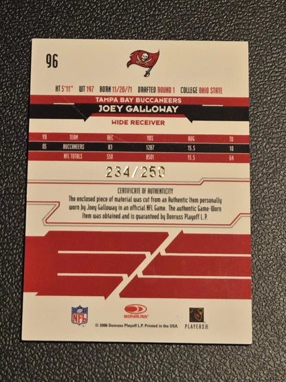 Football trading card featuring Joey Galloway Materials Longevity Gold and authenticity certificate