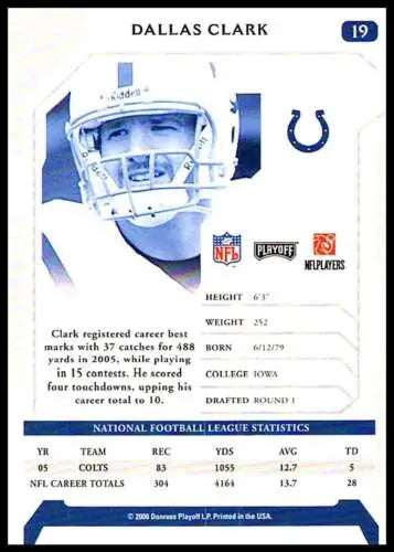Dallas Clark football card from 2006 Playoff NFL Playoffs, Near Mint condition