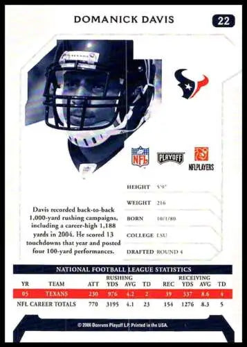 Domanick Davis football card from 2006 Playoff NFL Playoffs, Near Mint condition