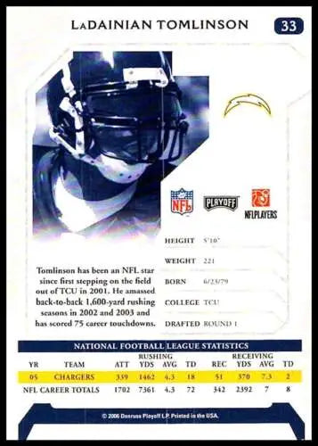 LaDainian Tomlinson football card from 2006 Playoff NFL Playoffs in Near Mint condition