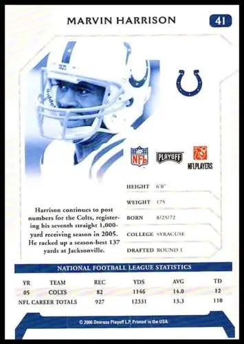 2006 Playoff NFL Playoffs #41 Marvin Harrison football card in original gloss condition