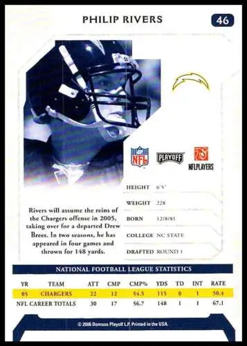 2006 Playoff NFL Playoffs #46 Philip Rivers NM football card with original gloss detail