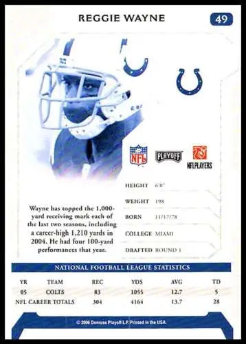 2006 Playoff NFL Playoffs #49 Reggie Wayne football card with original gloss near mint condition