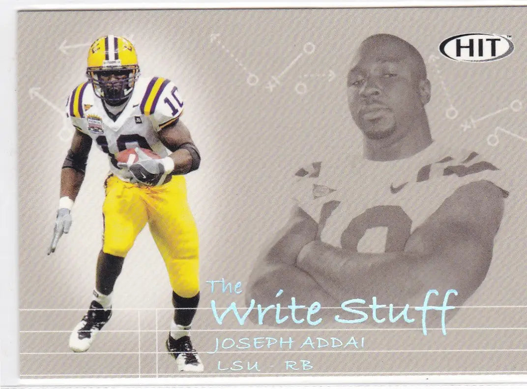 Football trading card of Joseph Addai in yellow LSU uniform for Sage Hit stuff RC LSU