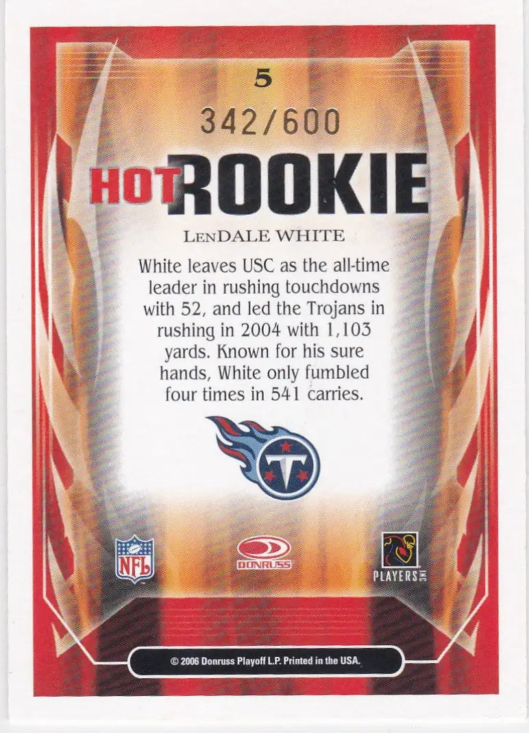 NFL rookie trading card 342/600 of Lendale White, Score Hot Rookie Gold, Tennessee Titans