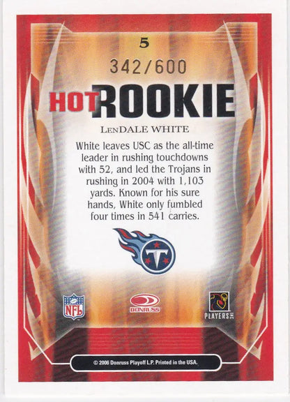 NFL rookie trading card 342/600 of Lendale White, Score Hot Rookie Gold, Tennessee Titans