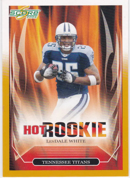 Football trading card of Lendale White RC Tennessee Titans in navy jersey, Score Hot Rookie Gold
