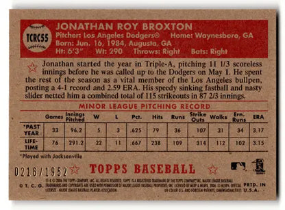 Baseball card back featuring original gloss of 2006 Topps 1952 Edition Chrome Jonathan Broxton