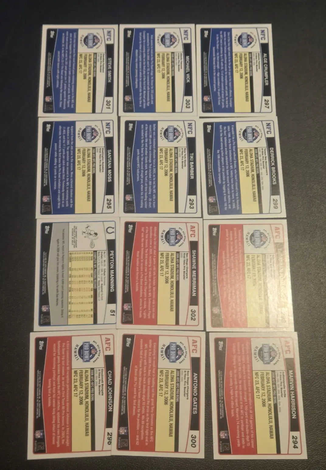 Collection of twelve Topps Pro Bowl football trading cards featuring Peyton Manning and more