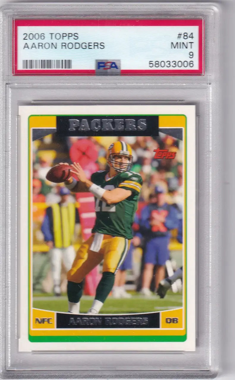 Graded 2006 Topps Total PSA 9 Aaron Rodgers rookie card Green Bay Packers display