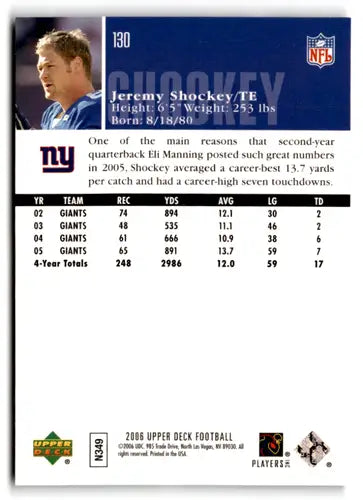 Original gloss football card back from Upper Deck featuring Jeremy Shockey of the NY Giants