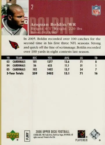 Original gloss Larry Fitzgerald football card from 2006 Upper Deck featuring Anquan Boldin