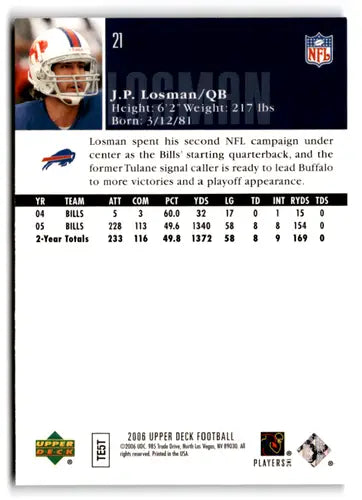 Original gloss of J.P. Losman football card from 2006 Upper Deck Bills collection