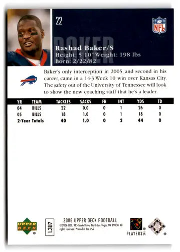 Original gloss 2006 Upper Deck Rashad Baker football card Bills ID 77459