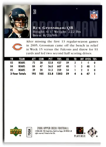 Original gloss Rex Grossman football card from 2006 Upper Deck Bears series