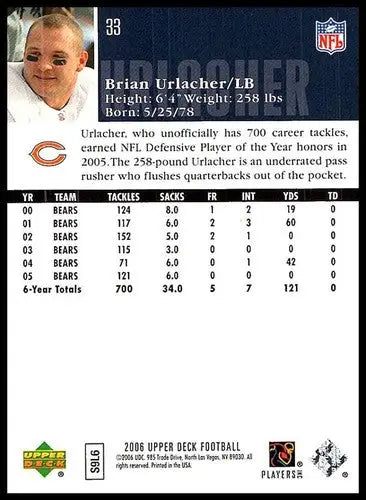 Original gloss 2006 Upper Deck Brian Urlacher football card NM-MT Bears ID 77470
