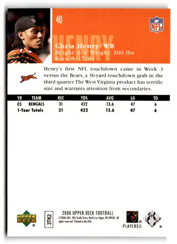Original gloss 2006 Upper Deck Chris Henry football card Bengals ID 77477