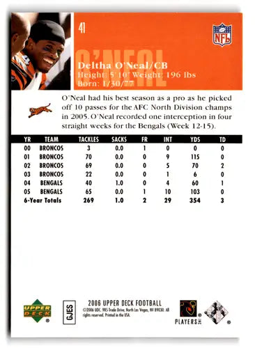 Original gloss 2006 Upper Deck Deltha O’Neal Bengals football card Simply Sandoval NM-MT