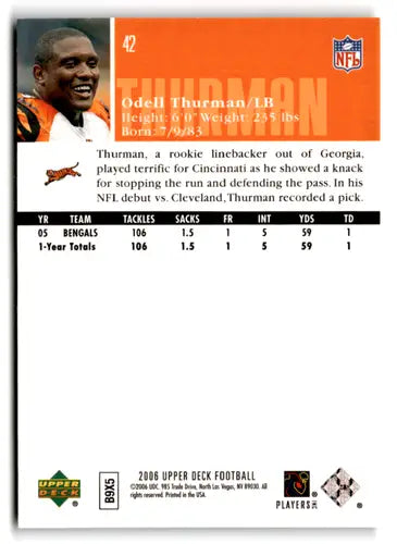 Original gloss upper deck Odell Thurman football card from 2006 Bengals series
