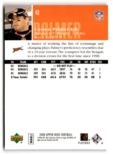 Original gloss 2006 Upper Deck Carson Palmer football card Bengals ID 77480