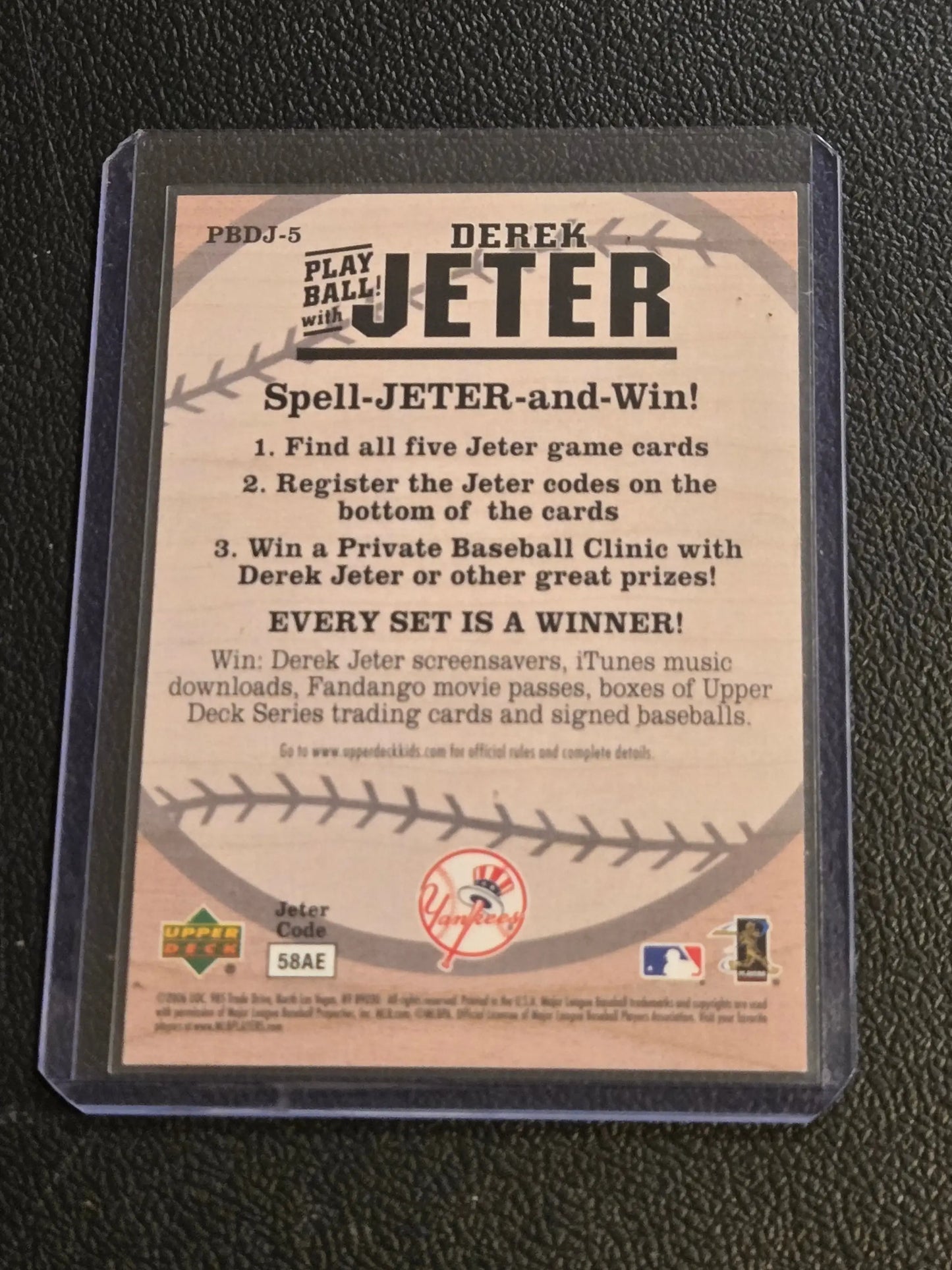 Derek Jeter Play Ball trading card with Yankees logo and promotional contest image