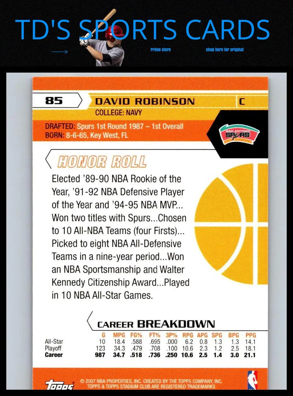 David Robinson 2007-08 Stadium Club #85 trading card showing the legendary basketball player