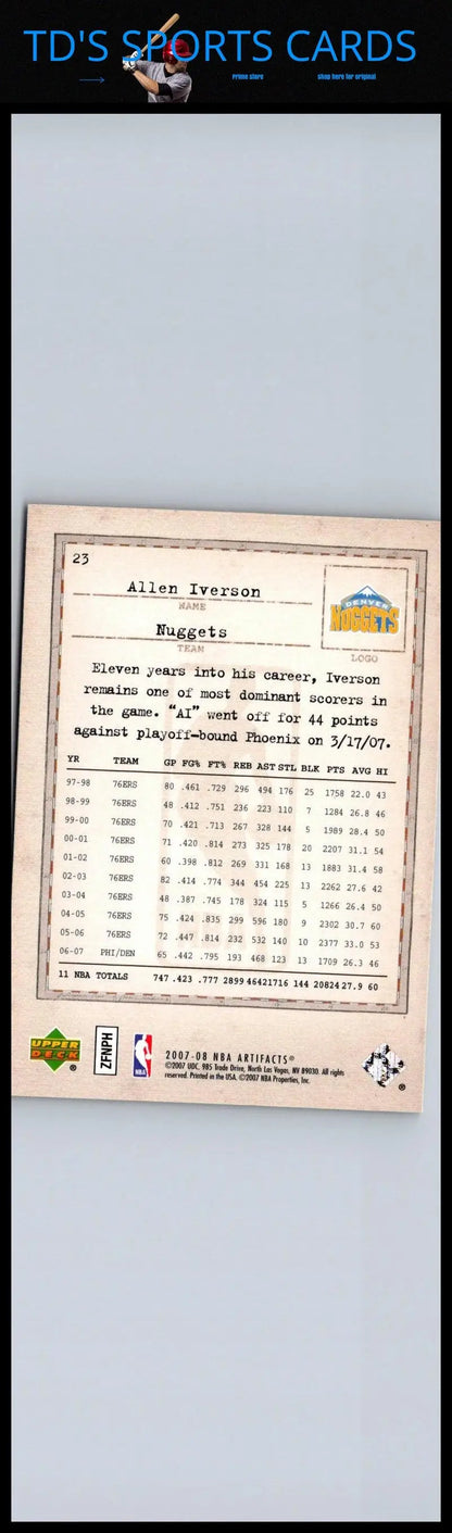 Allen Iverson basketball card from 2007-08 Upper Deck Artifacts #23 collectible
