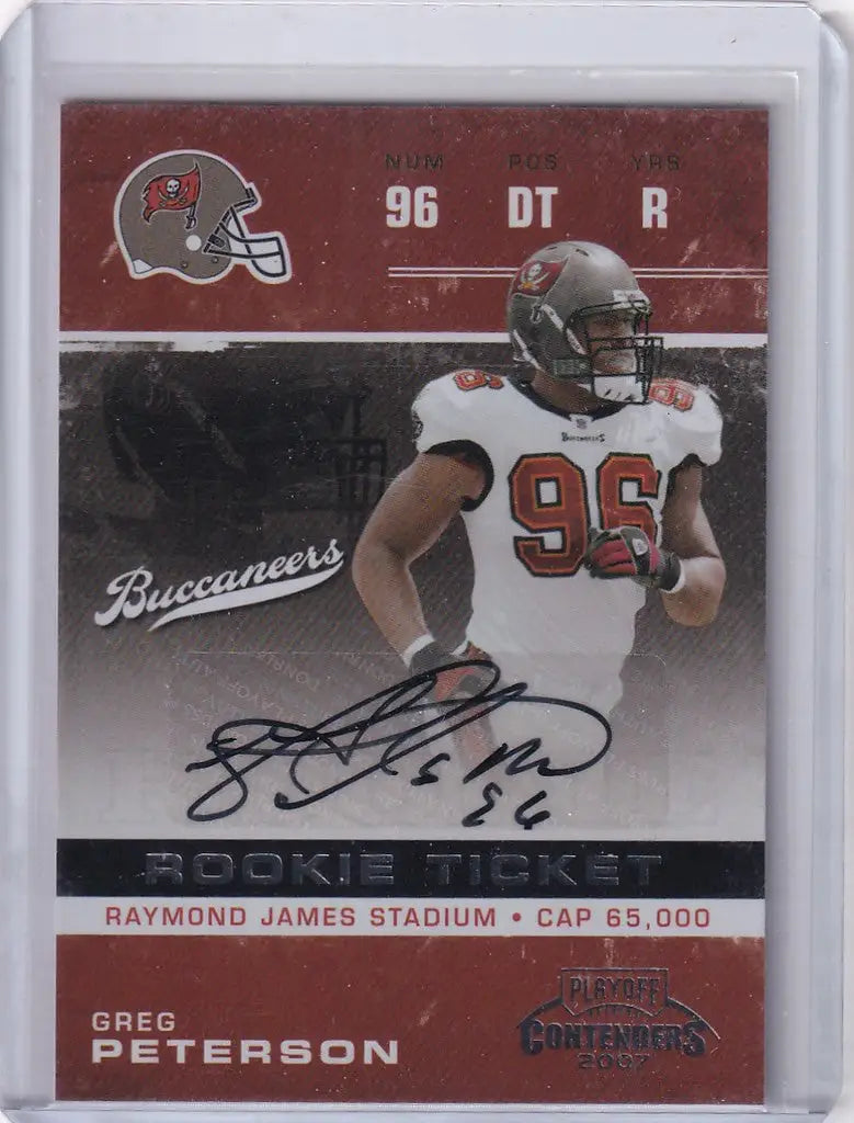 Football trading card of Greg Peterson, Tampa Bay Buccaneers, Donruss Playoff Auto