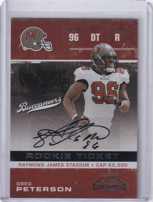 Football trading card of Greg Peterson, Tampa Bay Buccaneers, Donruss Playoff Auto