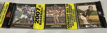 Sealed 2007 Topps Baseball Rack Pack featuring Pudge Rodriguez, Chipper Jones, Zach Duke